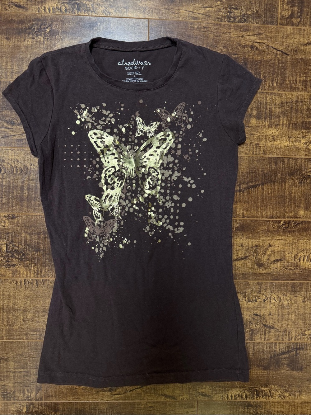Society Black Tee with Gold Butterfly Graphic